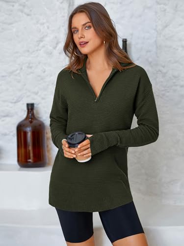 Image of PRETTYGARDEN Womens Long Sleeve Quarter Zip Pullover Sweater | Casual Loose V Neck Sweaters with Thumb Hole, Collared Ribbed Knit Jumper Tops, Oversized Tunic Tops, Fall Outfits 2026