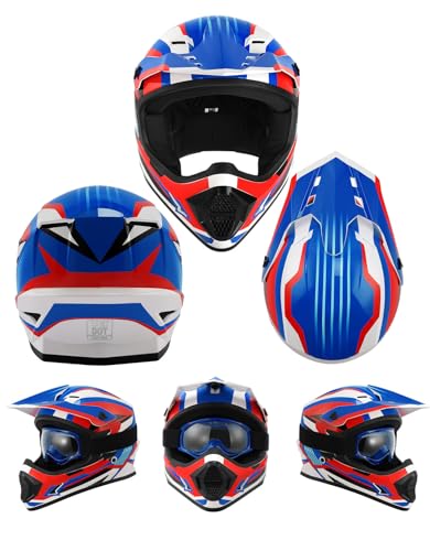 TCT-MOTORPARTS DOT Youth Kids Dirt Bike Full Face Helmets Motocross Motorcycle ATV Offroad Four Wheeler Blue Small Size - Thumbnail 2