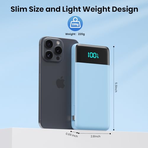Image of Portable Charger for iPhone,13800mAh Slim Power Bank with Built-in Cables & AC Wall Plug,All in One 4 Outputs USB C Fast Charging Battery Pack Travel Essential for iPhone 17 /16 /15 /14,Android(Sky Blue)