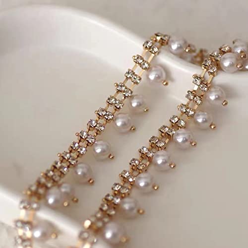 Chaîne avec strass brillants de 0,9 m - Avec perles incrustées de cristaux - Pour couture, travaux manuels, vêtements de mariée, accessoires de décoration (doré)
