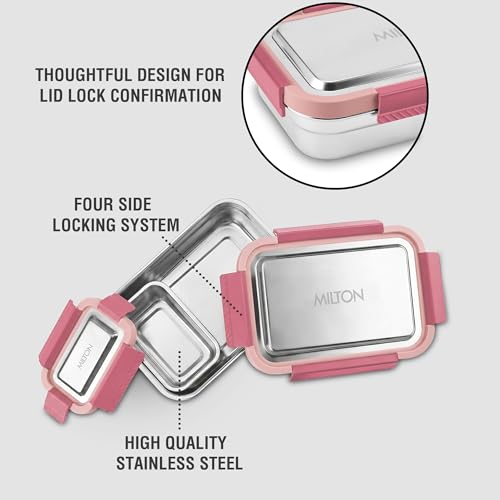 Image of MILTON Modern Meal Sr. Stainless Steel Tiffin, Set of 2 (950 ml,150 ml), Pink | Food Grade | BPA Free | Refrigerator Safe | Odour Free I Durable and Stylish Lunch Box for Home, Office & Travel