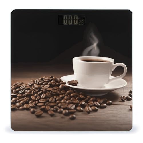 Báscula de baño de taza de café y granos de café para el cuerpo, báscula de diseño de impresión UV, báscula de baño de alta precisión, números transparentes grandes y delgados mejorados, elegante para