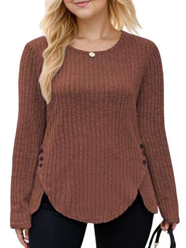 VISLILY Womens-Plus-Size-Tops Trendy Tulip Hem Long Sleeve Shirts Casual Lightweight Knit Sweaters Cute Button Decor Tunics2