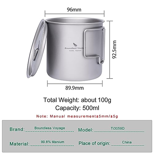 Boundless Voyage Camping Mug Titanium Single Layer Tea Coffee Cup Ultralight Outdoor Travel Portable Drinkware 220ml 350ml 500ml (Ti3059D-500ml) - Image 2