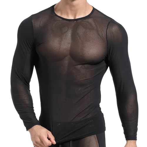 Men's Mesh T Shirt See Through Lounge Long Sleeves Sexy Sheer Muscle Tee Tops Breathable Undershirt Clubwear