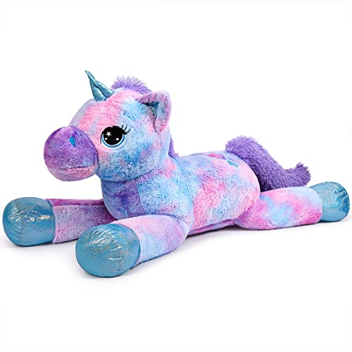 Sausudols Peluche Licorne Géante 80cm Peluche Douce pour Filles Coussinet Moelleux pour Anniversaire Noël et Saint-Valentin Bleu Tie-Dye