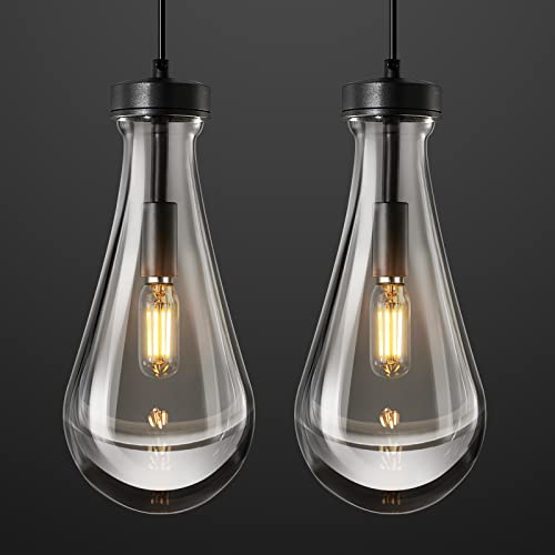 Liangmh Raindrop Pendant Lights Kitchen Island Set Of 2 Teardrop Black Hanging Light Fixtures Clear Solid Glass Pendant Light Modern Chandeliers For Dining Room Porch Corridor Living Room #TOP29
