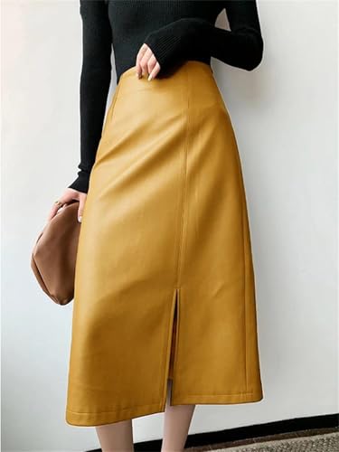 Women High Waist Soft Leather Midi Skirt Autumn Winter Zipper Long Straight Skirt2