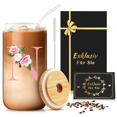 CIGAA Taza de cristal con letras A-Z con tapa y pajita, 500 ml, vaso para batidos, zumos, batidos, cervezas, ideal para regalos