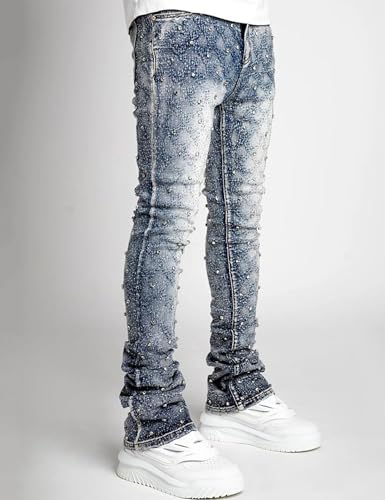 Men Rhinestone Skinny Ripped Jeans Y2k Stretch Slim Fit Stacked Jeans Grunge Denim Pants2
