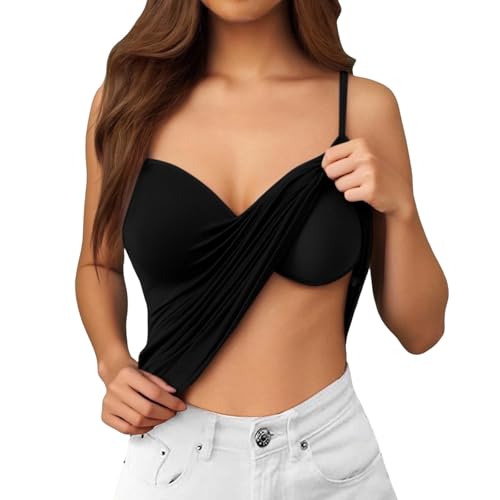 Cowyams BH Hemdchen Für Damen Tank Top Ohne Bügel Long Sport V Ausschnitt Push Up Cami Top BH Hemd Lang Stretch Einfarbig Unterhemden Bequeme Trägertop Mit integriertem
