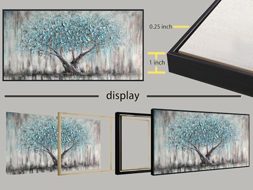 Image of Arjun Framed Blue Tree Canvas Wall Art for Living Room Tree of Life Abstract Bedroom Textured Painting, Nature Picture Landscape Artwork Home Office Decor, Black Wood Large 40 inchx20 inch
