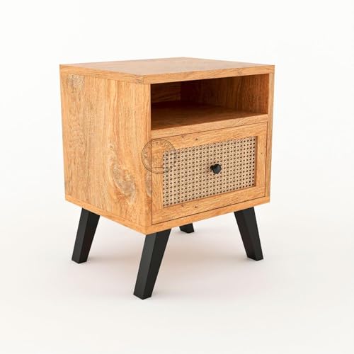 Image of Wooden Bedside Table with Cane Rattan Drawer & Open Shelf | Modern Nightstand for Bedroom (Natural Finish)