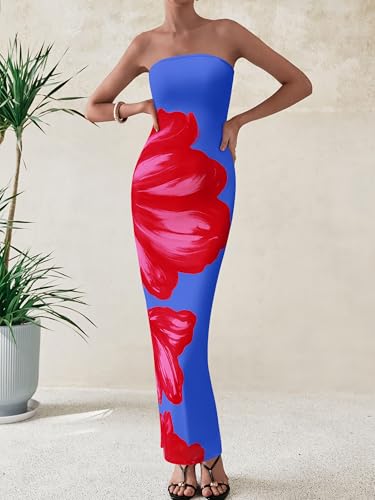 Image of PRETTYGARDEN Women Summer Strapless Maxi Dress Bodycon Floral Sexy Long Wedding Guest Dress Formal Tube Mesh Cocktail Dresses