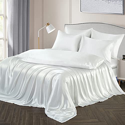 Image of Ersmak 7 Pieces Satin Sheets Set Queen Size, Luxury Silky Ivory White Satin Bed Sheets Set with 1 Deep Pocket Fitted Sheet, 1 Soft Flat Sheet, 4 Queen Pillowcases and 1 Body Pillowcase