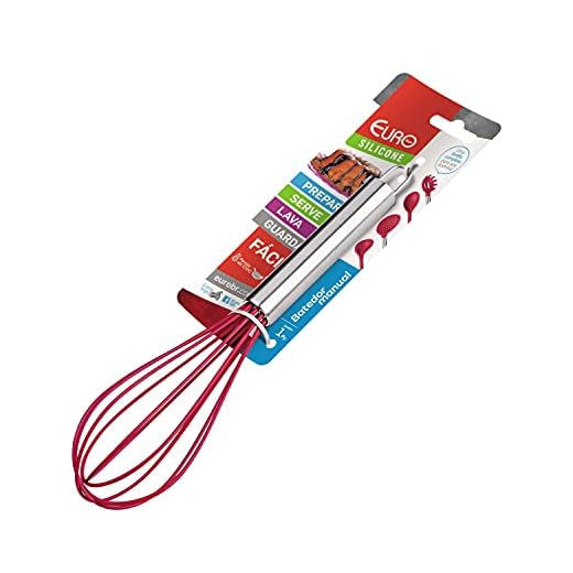 Batedor Fuet Manual de Silicone vermelho com Cabo Inox, SIL2430-VM, Euro Home