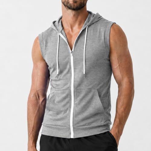 Image of Ohoo Mens Slim Fit Sleeveless Lightweight Zip Up Hooded Sweatshirt Vest Hoodie