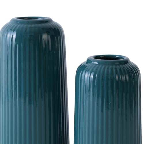 Image of PUREZENTO 'EmeraldDuo' Ceramic Ribbed Vase 6 & 8 Inch - Set of 2 | Decorative Ribbed Vase for Dried Flowers & Pampas Grass | Centerpiece Vases for Modern Home Decor, Living Room, Office Decor Ideas