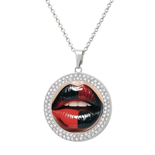 Image of FodPand Red And Black Lips Diamond Necklace for Women Girlfriend Mom 20" Cable Chain Round Pendant Necklace Memorial Couple Friendship Jewelry Birthday Anniversary Wedding Keepsake Romantic Gifts, One