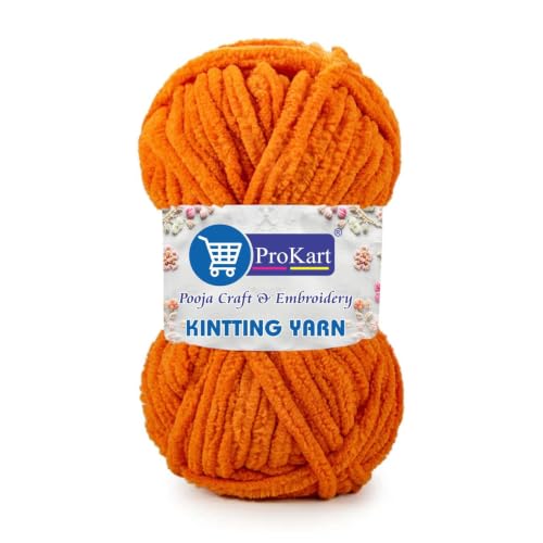Image of ProKart Premium Blankie Wool, Plush & Cuddly, Chenille Yarn Supersoft Hand Knitting Wool Ball | Blanket Thick /Mottu Yarn Ball Suitable for Hand Knitting and Crocheting (Bright Orange, 100gms x 1 Pack)