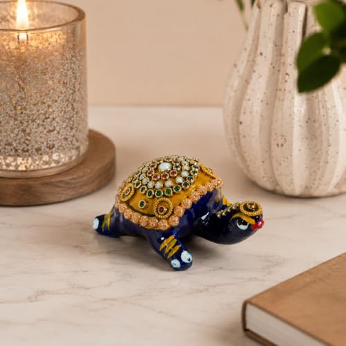Image of eCraftIndia Decorative Turtle Showpiece for Home Decor | Handcrafted Stone & Pearl Work Tortoise Figurine | Vastu Feng Shui Decorative Table Accent for Home & Office
