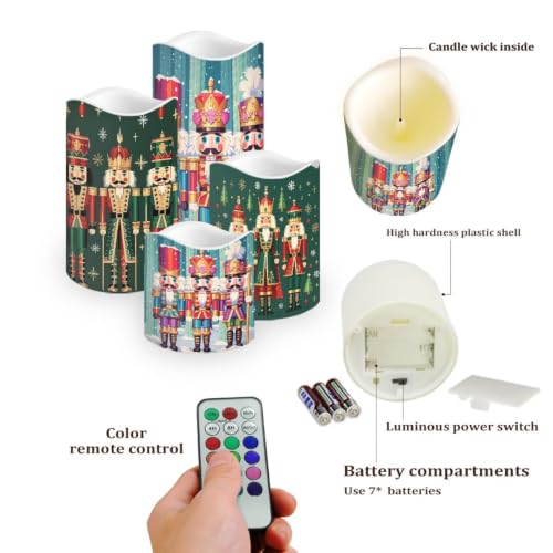 Image of Christmas Flameless LED Candles Set of 4 | Nutcracker, Xmas Battery Operated Candles with Remote Control, Electric Pillar Candles for Holiday Party Decorations