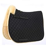 Merauno Echtes Lammfell Satteldecke Lammwolle Schabracke Dressur- und Spring-Eventing-Pad mit voll gefütterter Lammwolle darunter und gesteppter Baumwolle (VSS, Schwarz mit Naturlammwolle)