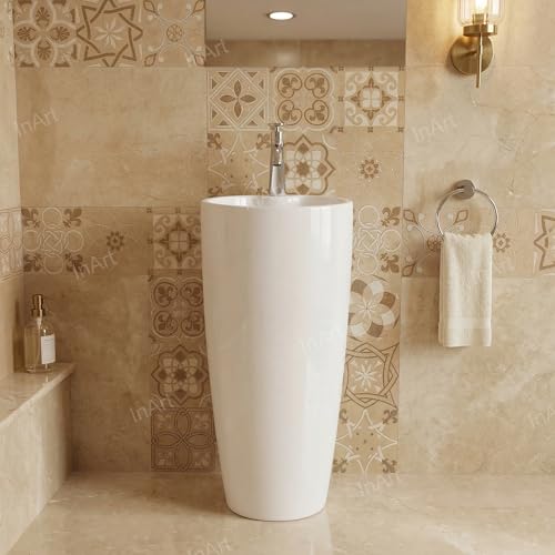 Image of InArt One Piece Ceramic Pedestal Free Standing Round Wash Basin for Living Room and Bathroom (16 x 16 x 32 Inch, White)