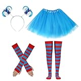 Dfqsofd 4Pcs Blue Tutu Costume Accessories Set, Blue Tulle Tutu Skirts Ponytail Headbands Stretchy Gloves and Striped Knee High Socks for Halloween 80s Cosplay Birthday Party
