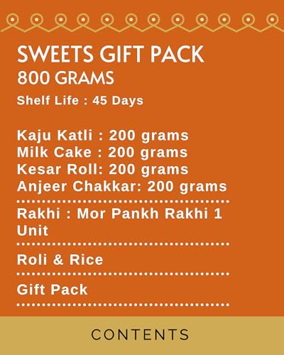 Image of HYPERFOODS House of Treats Rakhi For Brother Pack of 4 Kaju Katli Milk Cake Anjeer Chakkar Kesar Roll 200G each Sweets Indian Mithai Triratna Rakhi With Roli & Rice Raksha Bandhan Gift Hamper