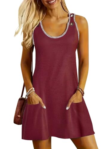 ETCYY NEW Womens Sleeveless Summer Dresses Casual U Neck Striped Sundresses DarkRed Small