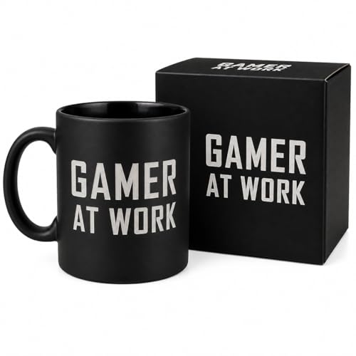 Image of JRose Collections Engraved Gamer at Work Mug – Large 625ml Matte Black Ceramic Coffee Mug with Handle – Gaming Gift for Men, Boys, Gamers – Funny Office Gamer Cup with Gift Box