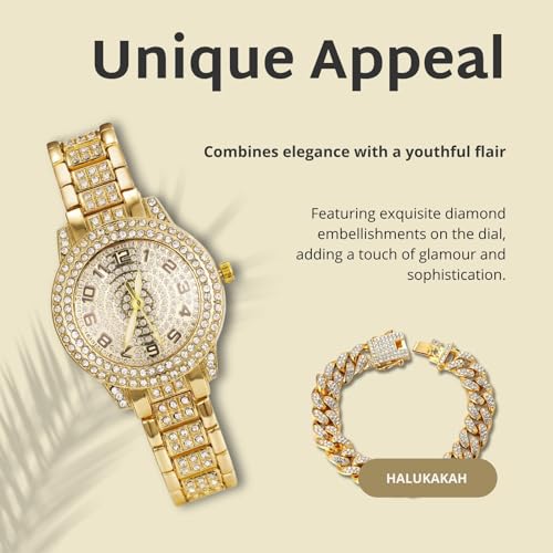 Image of Halukakah Diamonds Watch Iced Out for Boy Teens Kids - 18K Real Gold /Platinum Plated,Arabic Numerals Round Dial,Japanese Quartz - 7.7 inch Length - Optional with Cuban Link Chain - for Birthday,Parties