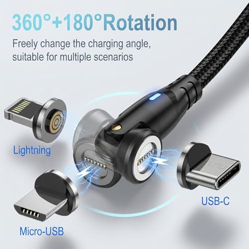 Image of Verilux PD 60W Magnetic Type C Cable Fast Charging, 2M C Type Charger Cable with 360 & 180 Rotation, Detachable and Replaceable Type C /Lighting /Micro Port for iPhone 17 /16 /15 /14, Galaxy S26 /S25 /S24