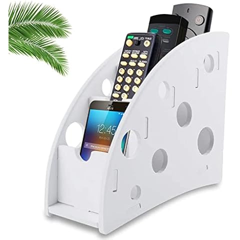 Remote Control Holder Desk Organizer Remote Control Storage Box with 4 Compartments Wood-plastic Compositefor TV Remote Controls, Game Console, Cell Phones, Pens, Office Supplies (White) Cover