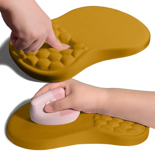 Image of Ergonomic Joint Wrist Support Mouse Pad with Memory Foam Cushion Massage Bump, Carpal Tunnel Pain Relief Mousepad Slope Design for Wrist Rest, 11.8x7.9 in, Goldenrod