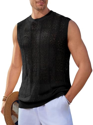 Runcati Mens Sleeveless Crewneck Tank Top Casual Mesh Hollow Out Cotton Knit Summer Beach T Shirt