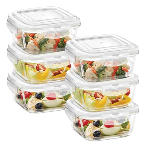 Image of Borosil Klip n Store (520ml x 6) Square Glass Food Storage Container Set with Air Tight Lid | Borosilicate Glass Container for Lunchbox | Microwave & Dishwasher Safe | Transparent