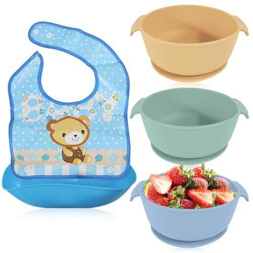 Bluet B Baby - Set de 3 Bol Antivuelco Bebe con Ventosa - Tazones de Comida Bebe Antideslizante de Silicona - Incluye Babero Adicional Ideal - Plato Bebe Ventosa BLW - Set de Silicona (Azul)