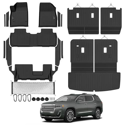 Tongama-Floor Mats for 2017-2023 GMC Acadia 7 Seat with Bench Seats All Weather TPE Trunk Mat with Backrest Mat & 2nd Row Backrest Mats & Cargo Net & Full Coverage Door Sill Guards Kit