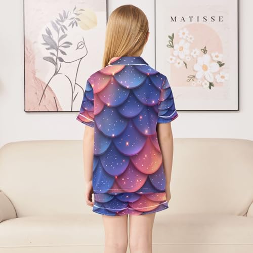 ALAZA Cute Color Mermaid Scale Satin Pajamas Set Short Sleeve Button Down Sleepwear Summer Pjs 2 Piece4