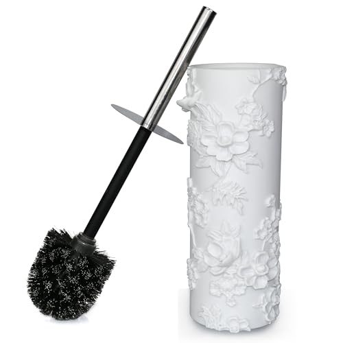 Indecor Home White Floral Branches Design Resin Toilet Bowl Brush and Holder Set, Elegant Bathroom Cleaning Tool with Durable Bristles, Compact and Functional