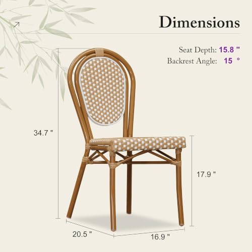 Image of PURPLE LEAF Patio Dining Chair Set of 1 Outdoor French Aluminium Frame in Bamboo Finish with Amber & White Woven Rattan for Indoor Kitchen Deck Bistros Cafe Restaurant