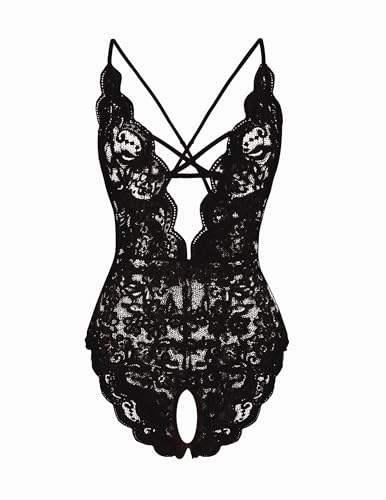 Fem&Fata Women's One Piece Lingerie Sexy Lace Teddy Deep V Bodysuit Underwear Black L