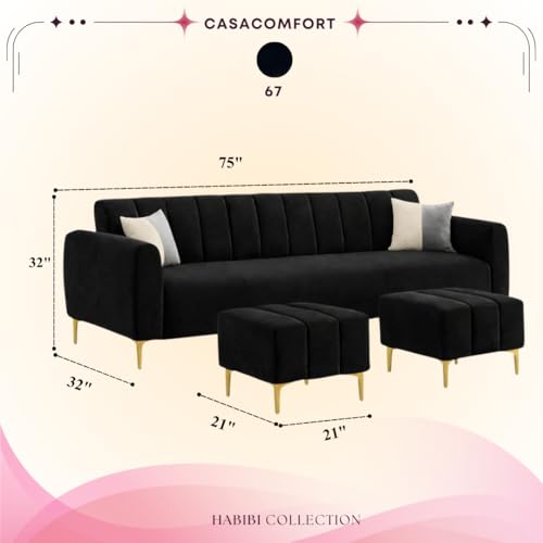 Image of Zora 5 Seater L Shape Sofa Set with 2 Movable Ottomans | Flexible Layout | Rich Velvet Suede Fabric | Silver Legs | Spacious Seating | Modern Sofa for Living Room (Black)