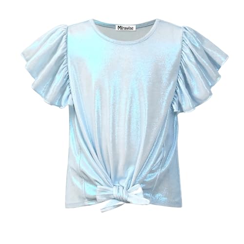 Image of Mirawise Girls Shirts Metallic Tops Clothes Tshirt Ruffle Short Sleeve Tee Size 6-14