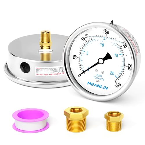 MEANLIN MEASURE 0~300Psi Stainless Steel 1/4" NPT 4" FACE DIAL Liquid Filled Pressure Gauge WOG Water Oil Air Back Mount, with 1/2" NPT and 3/8" NPT Hex Bushing