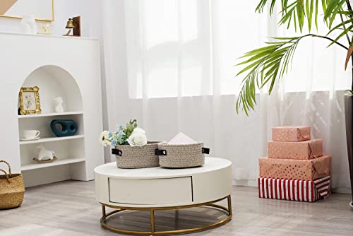 OFRANK Small Woven Basket for Storage Oval Rope Coil Baskets with Handle Mini Cotton Basket Little Organizer Bins Boho Hamper Nursery Room for Kids Baby Dog Toy Gifts 35x26x12cm, 1 Pack (Brown)