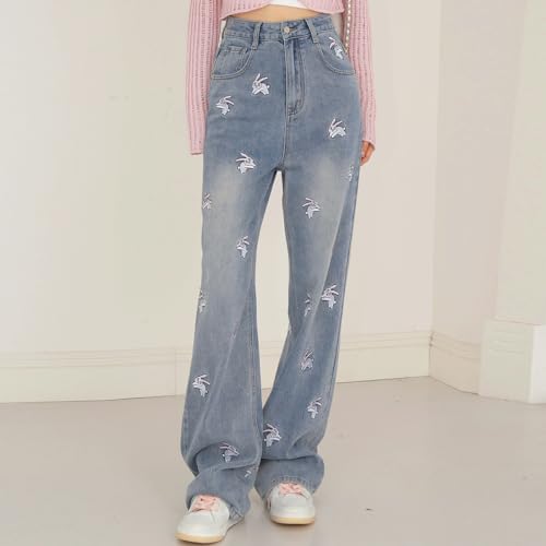Harajuku Y2K Kawaii Gothic Casual Style Straight Wide Leg Vintage Embroidery Bunny Trim Jeans Pants for Women2