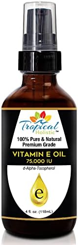 Tropical Holistic 100% Pure Vitamin E Oil 4oz - Extra Strength 75,000 IU, Unrefined Natural Face Moisturizer For Skin, Scars, Nails, Hair Growth, Wrinkles, Dark Spots - Premium Grade Antioxidant